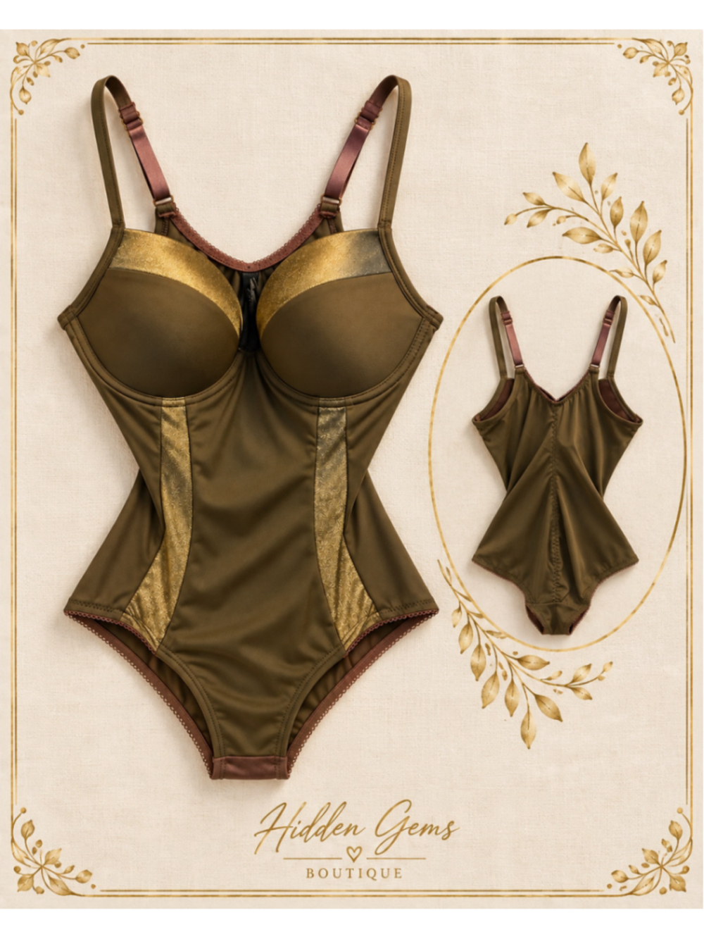 Women's Marilyn Monroe Intimates Bodysuit M Olive Green Gold